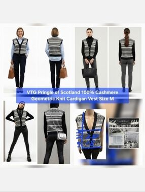 VTG Pringle of Scotland 100% Cashmere Geometric Knit Cardigan Vest Size M